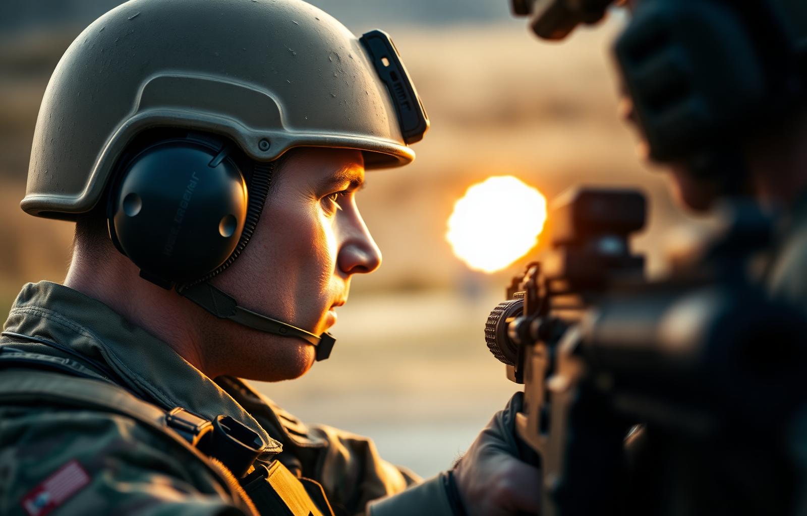 British Army soldier on live-firing range with hearing protection